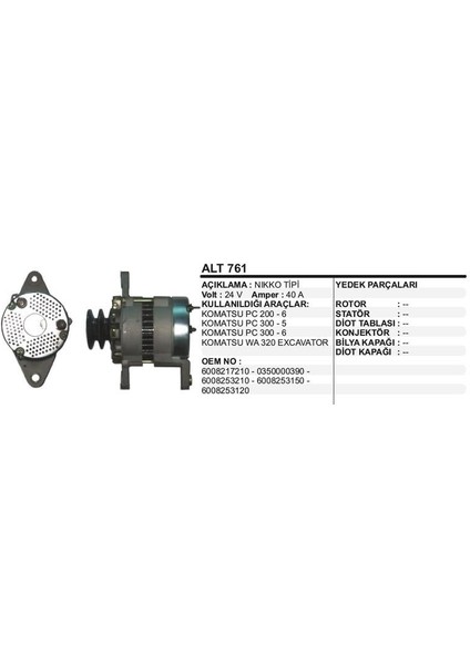 24V ALTERNATÖR DİNAMO NIKKO TİPİ 40 A KOMATSU