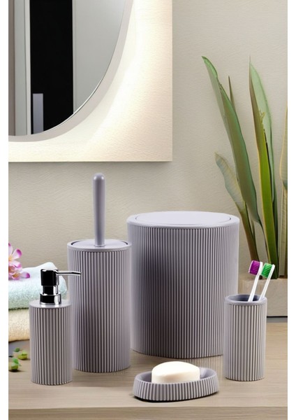 Line 5 Parça Yuvarlak Banyo Seti - Çöp Kovası Wc Fırçası Sıvı-Katı Sabunluk Diş Fırçası