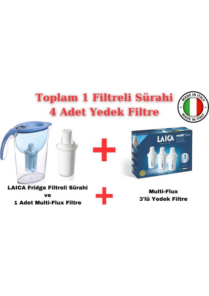 Fridge Mavi - Filtreli Su Arıtmalı Sürahi - 2.25 Lt + Laica Multi-Flux 3'lü Yedek Filtre