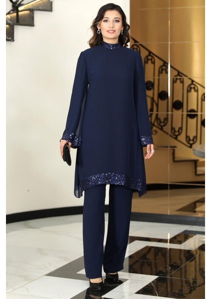 Umay Şifon Tunik Pantolon Takım Lacivert ELB68