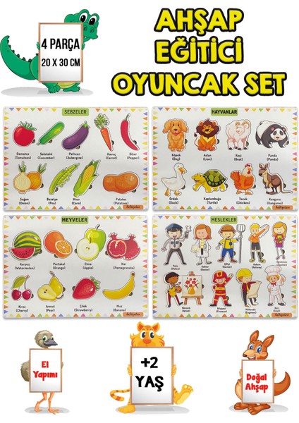 4 Lü Set Ahşap Eğitici Öğretici Oyuncak Puzzle Yapboz Söktak +2 Yaş