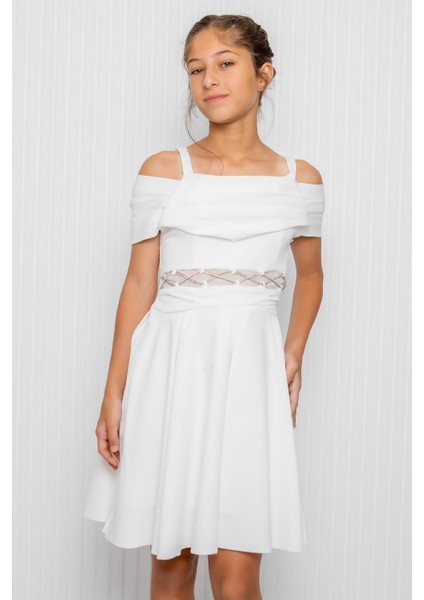 Kız Çocuk Bel Detaylı Abiye Elbise Ekru MDV348