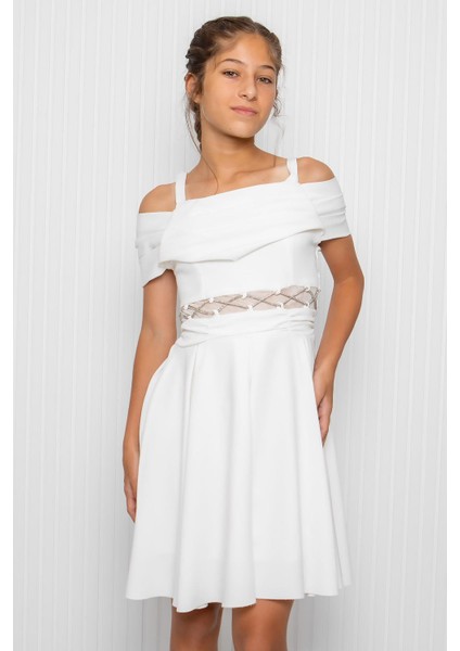 Kız Çocuk Bel Detaylı Abiye Elbise Ekru MDV348 fiyatları