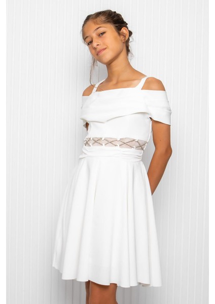 Kız Çocuk Bel Detaylı Abiye Elbise Ekru MDV348 modelleri