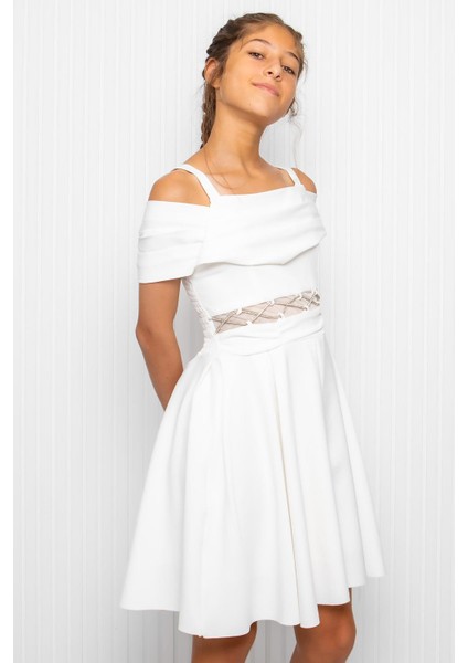 Kız Çocuk Bel Detaylı Abiye Elbise Ekru MDV348 fırsatları