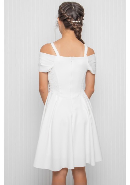 Kız Çocuk Bel Detaylı Abiye Elbise Ekru MDV348 indirimleri