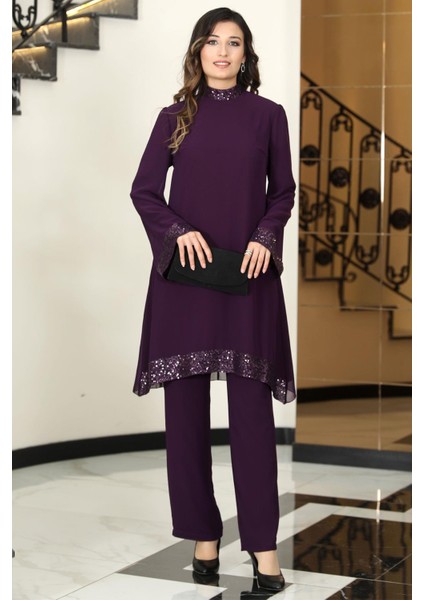 Umay Şifon Tunik Pantolon Takım Mürdüm ELB68