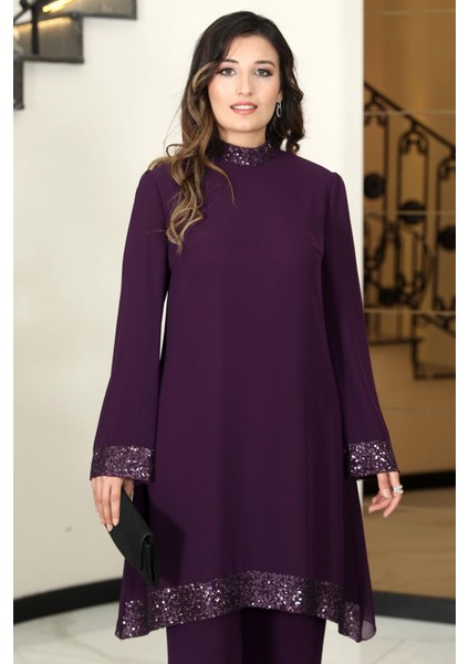 Umay Şifon Tunik Pantolon Takım Mürdüm ELB68