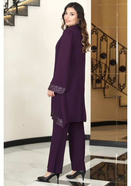 Umay Şifon Tunik Pantolon Takım Mürdüm ELB68