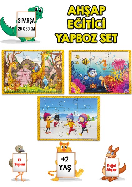 3 Lü Set Eğitici Ahşap Yapboz Puzzle 12 Parçalı Oyuncak +2 Yaş Hayvanlar - Akvaryum - Çocuklar