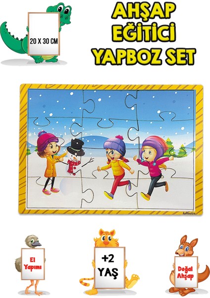 3 Lü Set Eğitici Ahşap Yapboz Puzzle 12 Parçalı Oyuncak +2 Yaş Hayvanlar - Akvaryum - Çocuklar