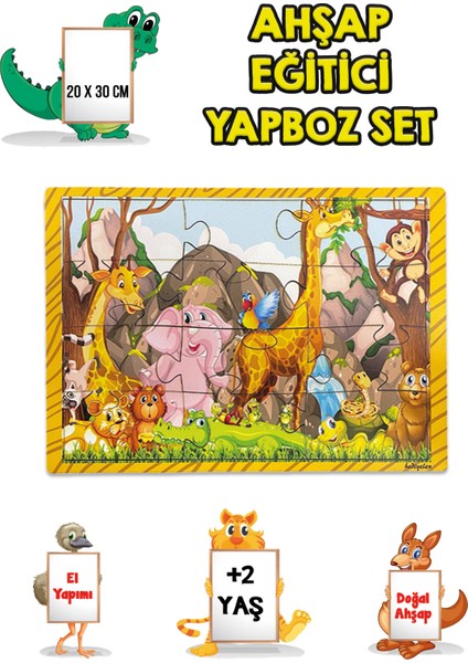 3 Lü Set Eğitici Ahşap Yapboz Puzzle 12 Parçalı Oyuncak +2 Yaş Hayvanlar - Akvaryum - Çocuklar