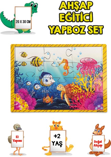 3 Lü Set Eğitici Ahşap Yapboz Puzzle 12 Parçalı Oyuncak +2 Yaş Hayvanlar - Akvaryum - Çocuklar