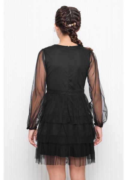 Taş Aksesuar Detaylı Tül Çocuk Abiye Siyah MDV358