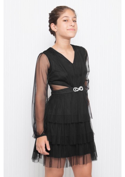 Taş Aksesuar Detaylı Tül Çocuk Abiye Siyah MDV358 modelleri