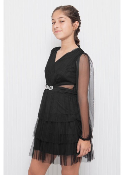 Taş Aksesuar Detaylı Tül Çocuk Abiye Siyah MDV358 fırsatları