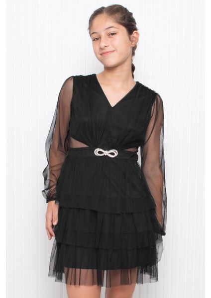 Taş Aksesuar Detaylı Tül Çocuk Abiye Siyah MDV358 indirimleri