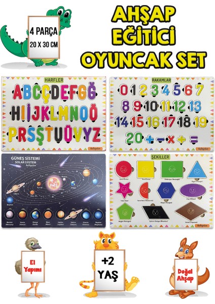 4 Lü Set Ahşap Eğitici Öğretici Oyuncak Puzzle Yapboz Söktak +2 Yaş Harfler-Sayılar