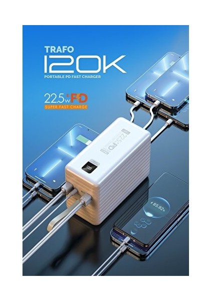 22.5W 120.000 Mah Hızlı Şarj Dahili Kablolu Trafo Powerbank