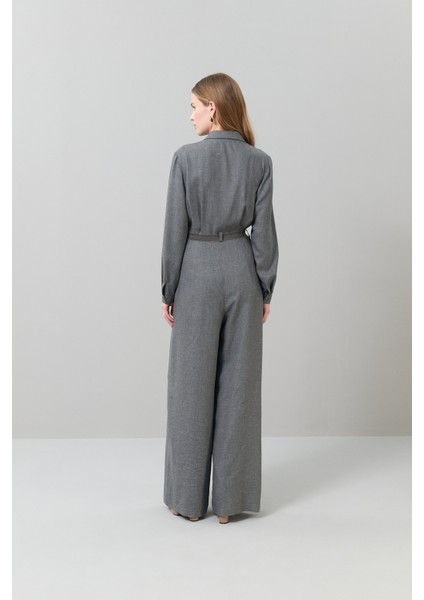 Beli Kuşak Bağlamalı Gömlek Yaka Tulum Gri K2512404_004 fiyatları