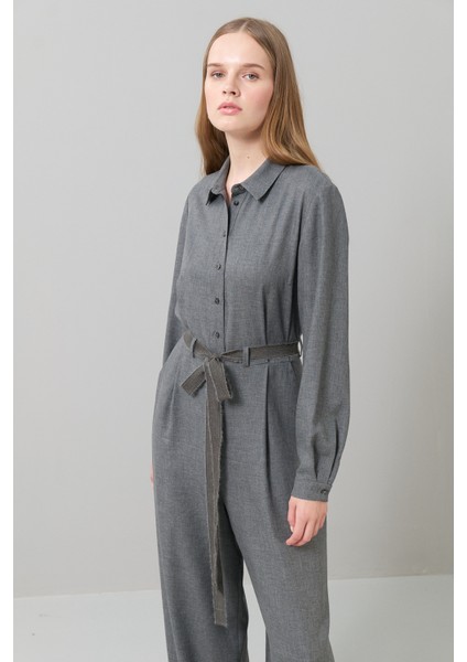 Beli Kuşak Bağlamalı Gömlek Yaka Tulum Gri K2512404_004 modelleri