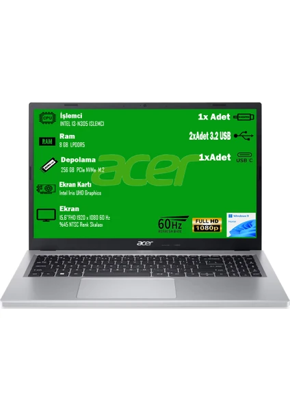 Aspire 3 A315-510P I3-N305 8 GB 256 GB SSD 15.6” FHD W11 HOME NX.KDHEY.008