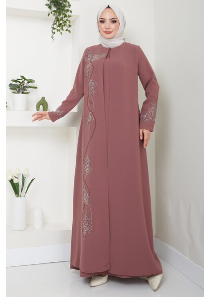 Büyük Beden Yaprak Taşlı Anne Elbisesi Kiremit HM2350