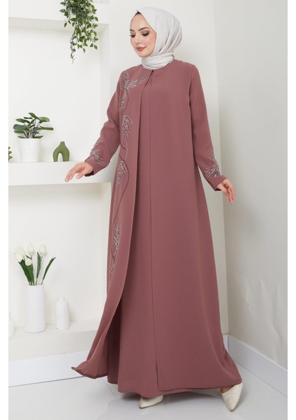 Büyük Beden Yaprak Taşlı Anne Elbisesi Kiremit HM2350 modelleri