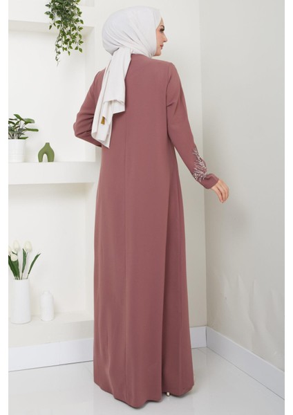 Büyük Beden Yaprak Taşlı Anne Elbisesi Kiremit HM2350 indirimleri