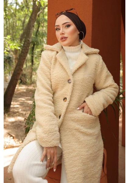 Kruvaze Yaka Peluş Mont Krem HM2507