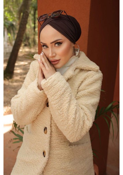 Kruvaze Yaka Peluş Mont Krem HM2507 modelleri