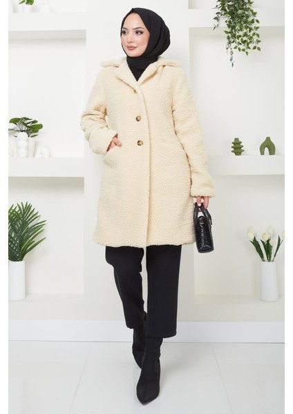 Kruvaze Yaka Peluş Mont Krem HM2507 fırsatları