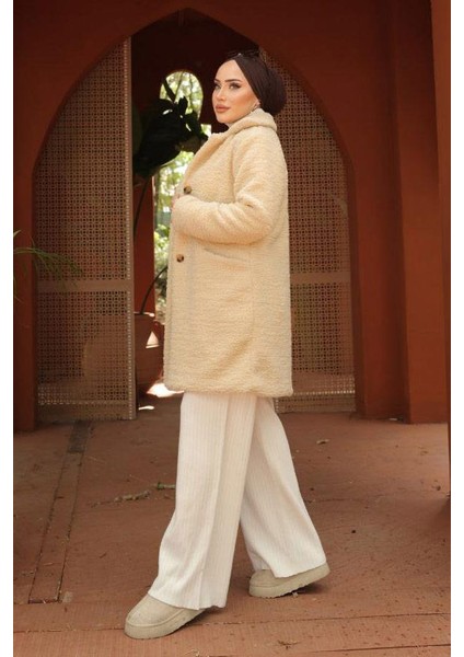 Kruvaze Yaka Peluş Mont Krem HM2507 indirimleri