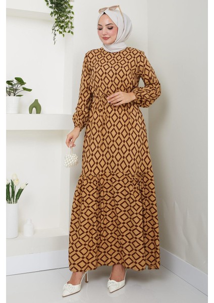 Baklava Desen Beli Bağcıklı Viskon Elbise Camel HM2475 fırsatları