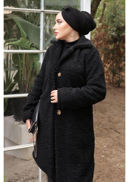 Kruvaze Yaka Peluş Mont Siyah HM2507