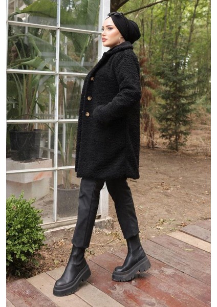 Kruvaze Yaka Peluş Mont Siyah HM2507 modelleri