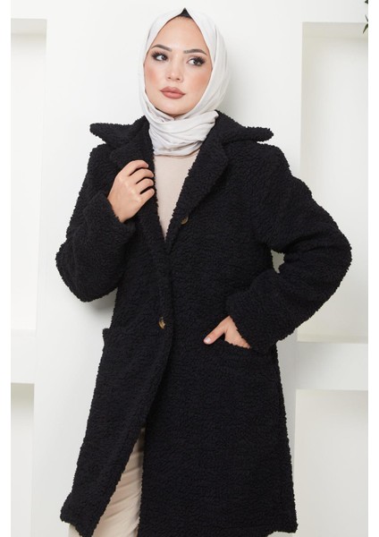 Kruvaze Yaka Peluş Mont Siyah HM2507 indirimleri