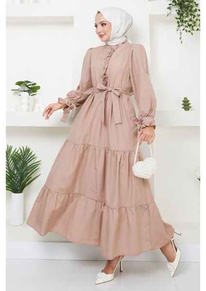 Önü Fırfırlı Kolu Bağlamalı Elbise Vizon HM2078