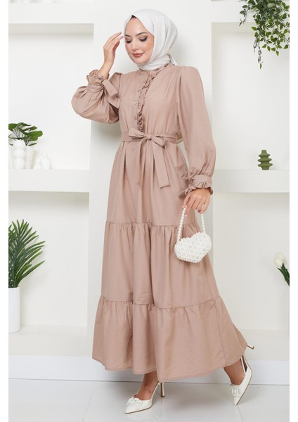 Önü Fırfırlı Kolu Bağlamalı Elbise Vizon HM2078 fiyatları