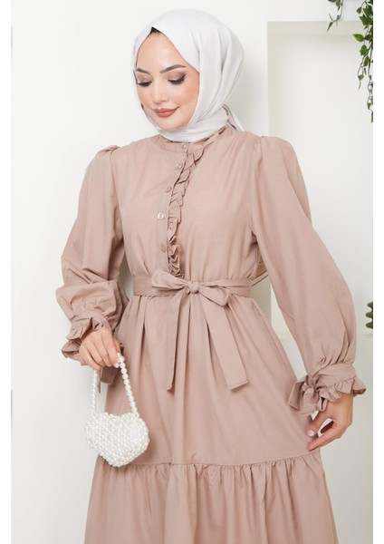 Önü Fırfırlı Kolu Bağlamalı Elbise Vizon HM2078 modelleri