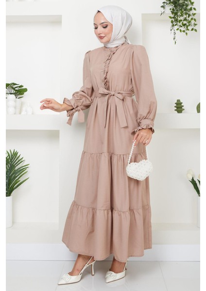 Önü Fırfırlı Kolu Bağlamalı Elbise Vizon HM2078 fırsatları