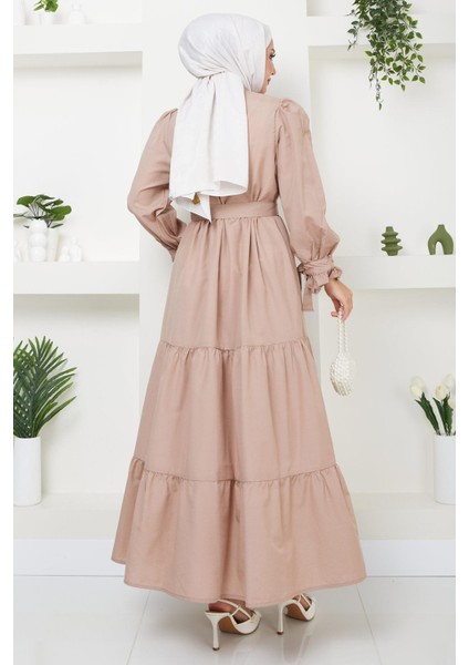 Önü Fırfırlı Kolu Bağlamalı Elbise Vizon HM2078 indirimleri