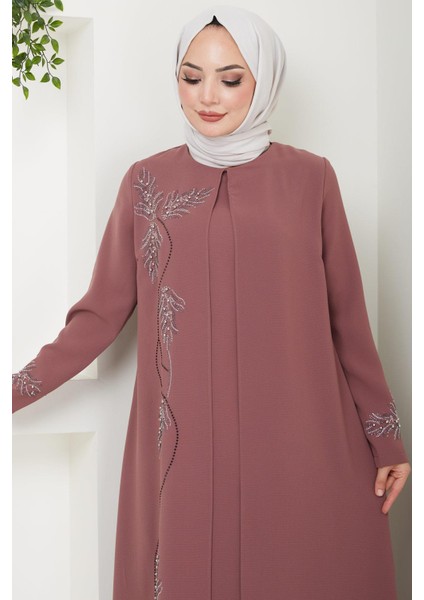 Büyük Beden Yaprak Taşlı Anne Elbisesi Kiremit HM2350 fırsatları