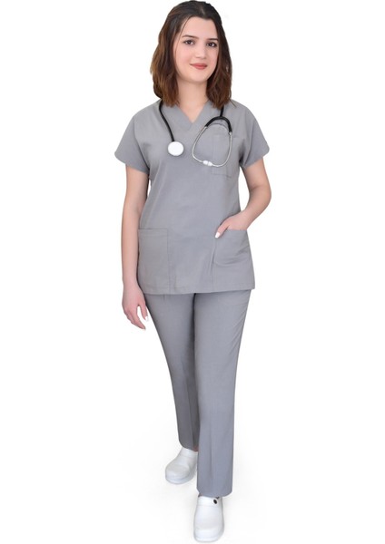 Gri Renk Soft Likra Hemşire Hastane Doktor Cerrahi Takım Üniforma