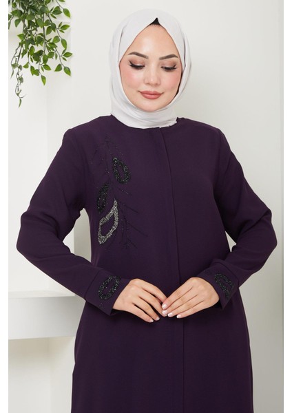 Hüma Taş Detaylı Ferace Mürdüm HM2479 modelleri