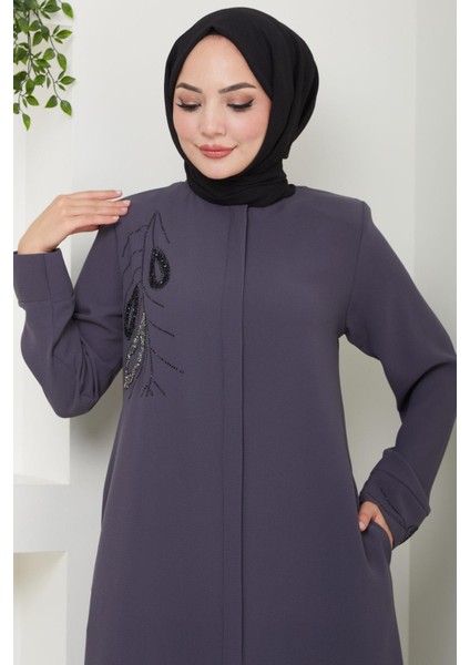 Hüma Taş Detaylı Ferace Füme HM2479 fırsatları