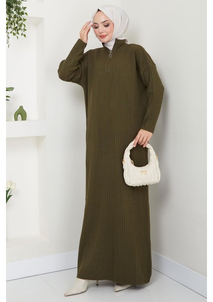 Fitilli Yarım Fermuarlı Triko Elbise Haki HM2520