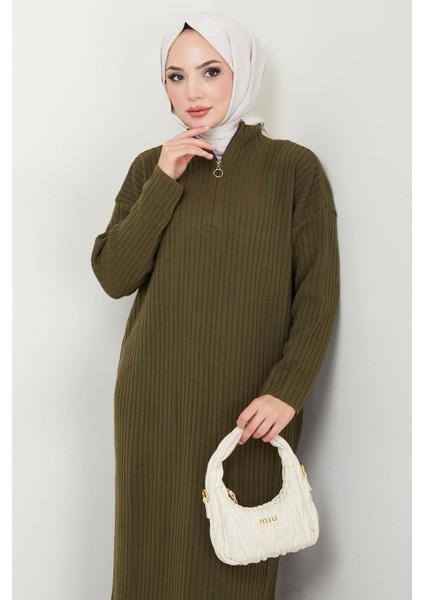 Fitilli Yarım Fermuarlı Triko Elbise Haki HM2520 fiyatları