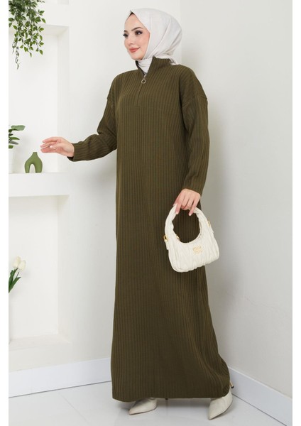 Fitilli Yarım Fermuarlı Triko Elbise Haki HM2520 modelleri