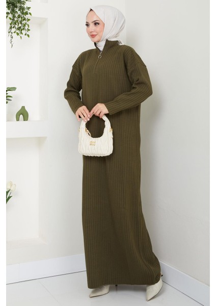 Fitilli Yarım Fermuarlı Triko Elbise Haki HM2520 fırsatları